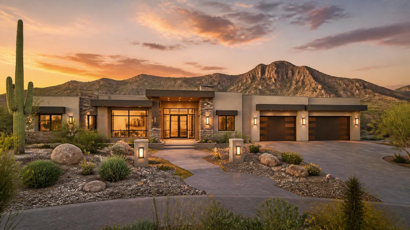 Keller Williams Realty Sonoran Living 1 Luxury Scottsdale home at dusk with mountain backdrop